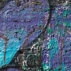 Bright violet colourful dripped paint on old concrete wall background. Natural paintbrush strokes and textured rough cement. Square photo