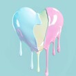 Heart overflowing with pastel paint colors blue, pink and yellow dripping. Pastel green color in the background. Love aesthetic concept.
