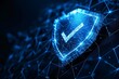 Secure technology featuring a polygonal wireframe shield with a verified symbol on deep blue background, safeguarding data with cyber shield, antivirus solution