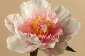 Wall Mural - Elegant light pink simple shape peony flower with pink strokes on petals isolated on beige background. generative ai.