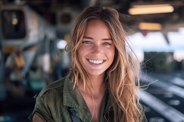 Wall Mural - Caucasian woman wearing air force uniform in the combat aircraft carrier