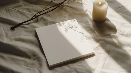 Wall Mural - a square, white wedding invitation laying on a white tablecloth with a candle nearby