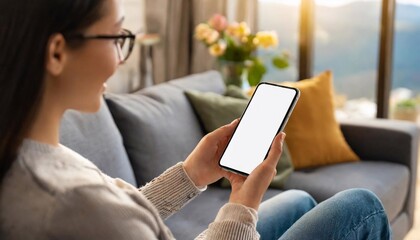 close up of woman using mobile phone while sitting on sofa at home