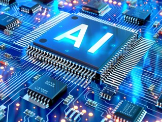 AI processor glows with, powerful chip of artificial intelligence radiates, powerful computer processor microchip with the word representing artificial intelligence, AI technology