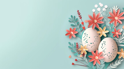Wall Mural - easter eggs and paper cut flowers on geometric background