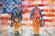 Two Firemen Walking with American Flag Generative AI