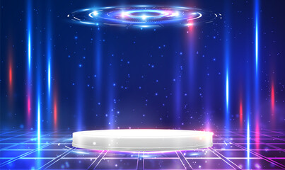 Wall Mural - stage futuristic podium digital technology ui hud virtual interface. 3d white cylinder pedestal podi