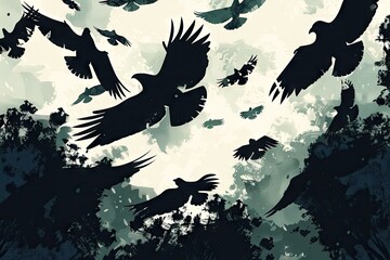 a vector illustration of a flock of black birds and crows fling together on a bright white background wallpaper