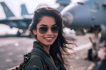 Wall Mural - Indian woman wearing air force uniform in the combat aircraft carrier