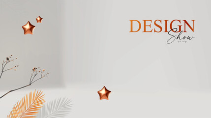 Wall Mural - 3d realistic product display design template. white scene with herbs, palm leaves and shadows and st