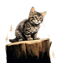 A Cute Little Kitten Standing On A Wood Log