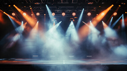 Canvas Print - Empty concert stage with illuminated spotlights and smoke. Stage background. Generative Ai