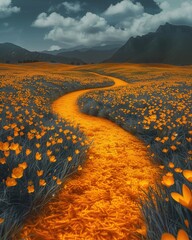 Poster - an orange path leading to mountains through a field of yellow sunflowers and meadows with orange daisies and green leaves during a cloudy day at night with dark clouds