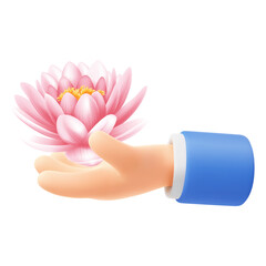 Sticker - Cute cartoon hand holding or giving water lily flower. 3d realistic conceptual icon, isolated on white. Vector illustration