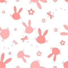 Canvas Print - Seamless pattern with bunny rabbit cartoon, cute flower and butterflies on white background vector illustration.