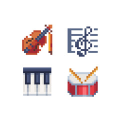 Wall Mural - Musical instrument emoji, pixel art web icons set, guitar, trumpet, saxophone and violin. Design for logo game, sticker, web, mobile app, badges and patches. Isolated vector.