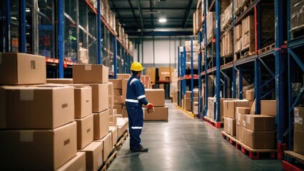 Warehouse Worker collects cardboard Boxes and Parcels on the Shelf