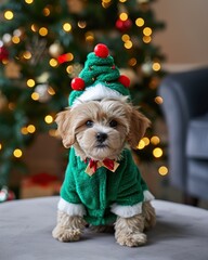 Wall Mural - Cute puppy in christmas tree costume on the background of the Christmas tree