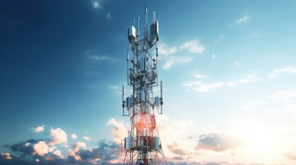 Telecommunication tower cellular. Macro Base Station. 5G radio network telecommunication equipment with radio modules and smart antennas mounted on metal against a clouds sky background.