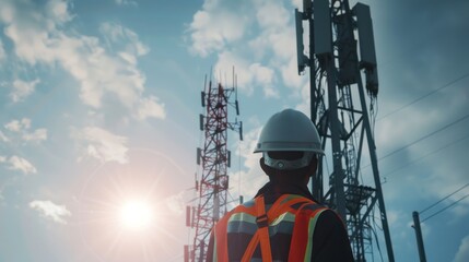 The engineer wearing a safety helmet wearing a safety vest Telecommunication tower Global connection, and internet network concept.
