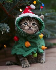 Wall Mural - Cute kitten in a Christmas costume with a Christmas tree in the background