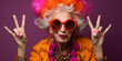 grandmother woman in colorful glasses holding a peace sign