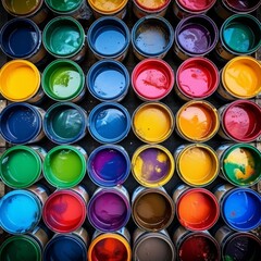 Top view of colorful paint cans, artistic creativity and home improvement concept