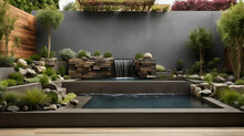 Contemporary Outdoor Water Feature For Homes Large Banner Featuring A Waterfall Fountain And Copy Space For Ideas Of Garden And Landscape Design. Generative.ai