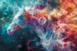 This vibrant digital art masterpiece showcases a horse's head immersed in a psychedelic swirl of nebula clouds and cosmic elements.