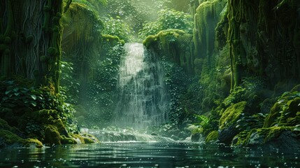 Wall Mural - Background of streaming waterfall. small waterfall . deep forest brook has green jungle from big tree.The forest protected by forester all time. rainforest cover by bright green moss.