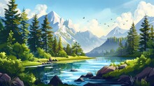 Landscape With Mountains, Forest And A River In Front. Beautiful Scenery