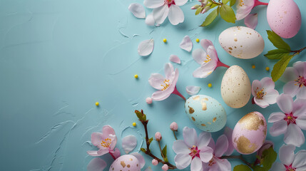 Wall Mural - Easter eggs and cherry blossoms on blue background. Happy Easter card.