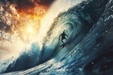 a professional heroic surfer is surfing in the ocean with large gigantic curved waves of black and blue water at night during sunset with different colors