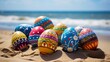colorful easter eggs on the beach in easter holidays
