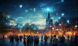 crowd at night with technology web background