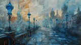 Fototapeta Londyn - Great white city, oil painting, impressionist, steampunk city, arcane, Piltover, Zaun, Blue lamposts, concept art