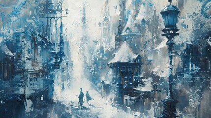 Wall Mural - Great white city, oil painting, impressionist, steampunk city, arcane, Piltover, Zaun, Blue lamposts, concept art