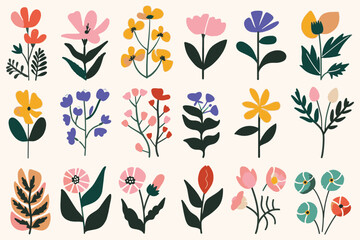 Poster - A set of fun flower and nature design elements. Flat hand drawn vector collection
