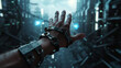 A hand with shackles in a back view perspective, set against a unique, futuristic backdrop background