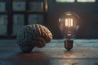 Create a 3D rendering that showcases the connection between intellect and illumination using a brain and a light bulb
