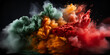 Abstract template on dust powder explosion Holi backdrop. Abstract colored explosion background. Dynamic Holi Powder Burst