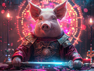 Poster - Medieval knight in armor. Portrait of gigantic cute pig deity warrior in a shining armor holding the pitcher. There is a geometric cosmic mandala zodiac style made of lights in the background