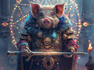 Sticker - Medieval knight in armor. Portrait of gigantic cute pig deity warrior in a shining armor holding the pitcher. There is a geometric cosmic mandala zodiac style made of lights in the background