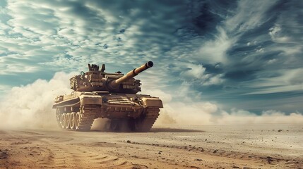 Army or military tank ready to attack in a battle moving over a deserted battlefield terrain. digital ai art
