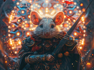 Sticker - Medieval knight in armor. Portrait of gigantic cute rat deity warrior in a shining armor holding the pitcher. There is a geometric cosmic mandala zodiac style made of lights in the background