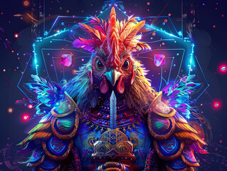 Wall Mural - Medieval knight in armor. Portrait of gigantic cute rooster deity warrior in a shining armor holding the pitcher. There is a geometric cosmic mandala zodiac style made of lights in the background