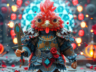 Poster - Medieval knight in armor. Portrait of gigantic cute rooster deity warrior in a shining armor holding the pitcher. There is a geometric cosmic mandala zodiac style made of lights in the background