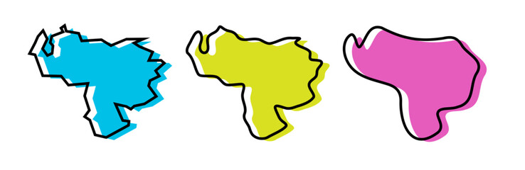 Venezuela country black outline and colored country silhouettes in three different levels of smoothness. Simplified maps. Vector icons isolated on white background.