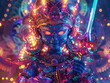 Medieval knight in armor. Portrait of gigantic cute snake deity warrior in a shining armor holding the pitcher. There is a geometric cosmic mandala zodiac style made of lights in the background