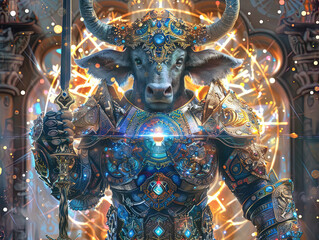 Wall Mural - Medieval knight in armor. Portrait of gigantic cute Taurus deity warrior in a shining armor holding the pitcher. There is a geometric cosmic mandala zodiac style made of lights in the background